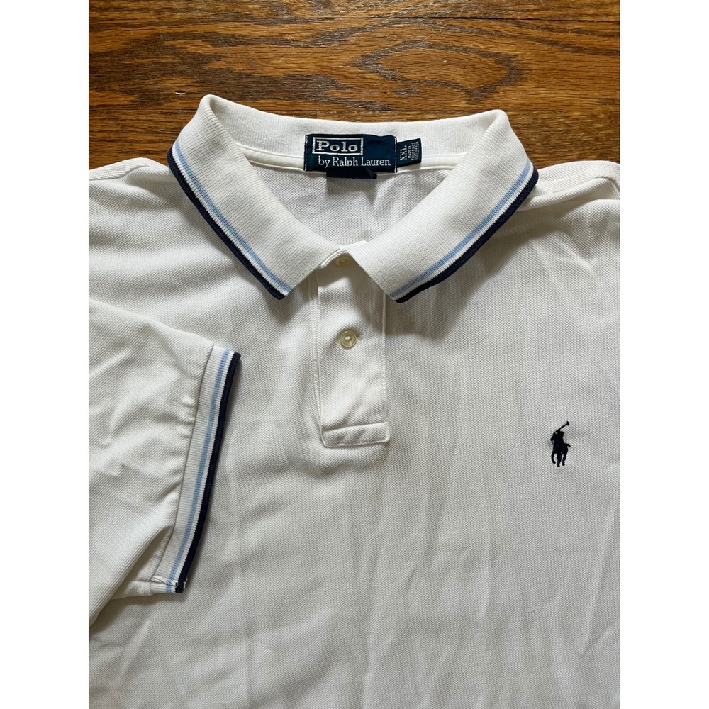 Polo Ralph Lauren Mens XXL White Custom Fit Striped Trim Polo Shirt Pique Cotton